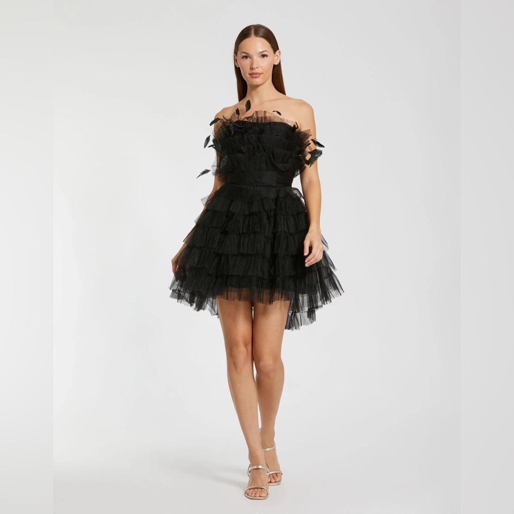 Mac Duggal Black Tiered Tulle Strapless Mini Dress